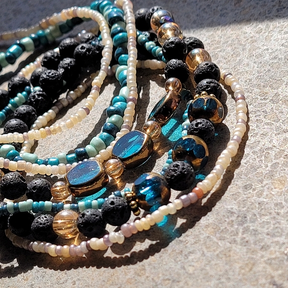 ×7 Lava & Glass Bead Blue Bracelet Set - Picture 3 of 4